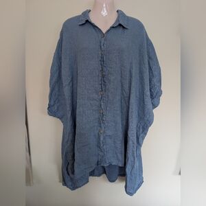 Vivian Shyu 100% Linen Button Front Short Sleeve Top M/L Blue